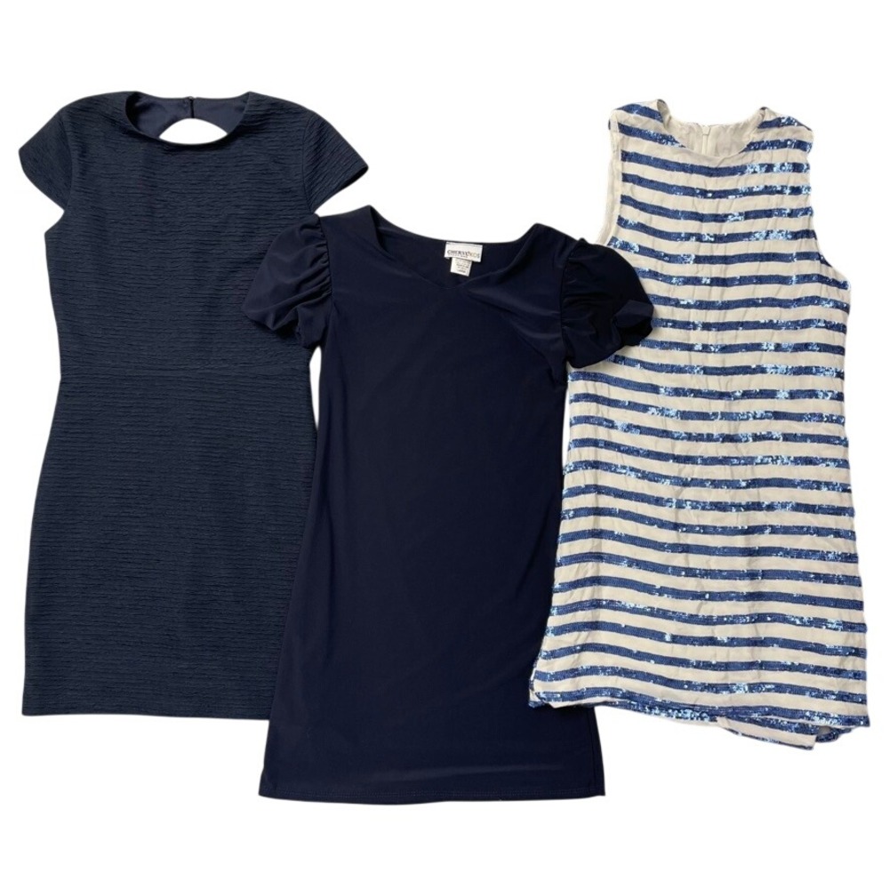 By‎ Debra Cheryl Creations Girls Dress Lot 3pc 10 M L Navy Blue Sequin Striped